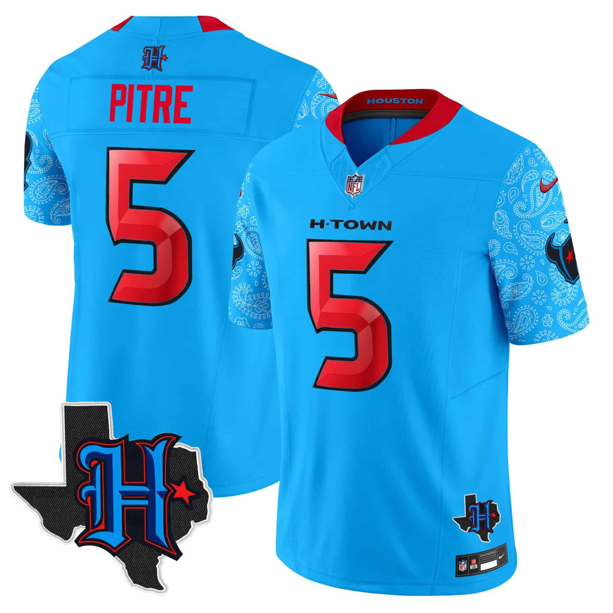 Men Houston Texans #5 Pitre Light Blue 2024 Nike Texas Patch Vapor Limited NFL Jersey